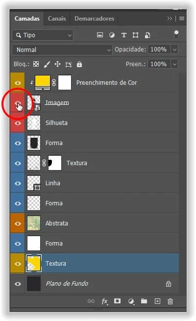 Clique no ícone de visibilidade (globo ocular) para ativar ou desativar uma camada.