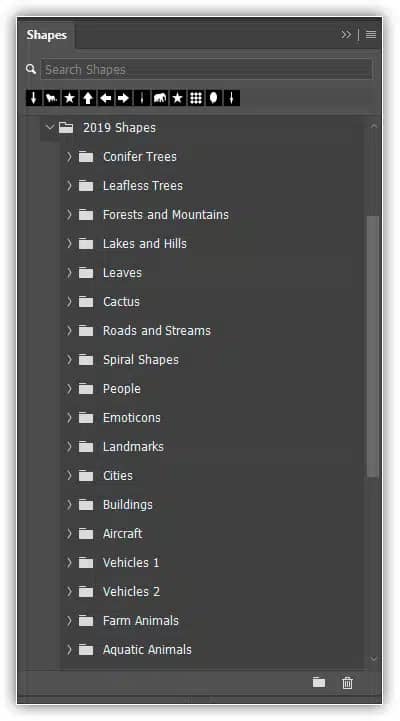 Expandindo o painel Formas para visualizar as formas de 2019.