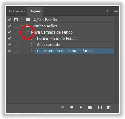 Fechando a ação clicando no triângulo.