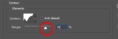 Efeitos de texto do Adobe Photoshop: Aumentando o valor do Raio do contorno para 85%.