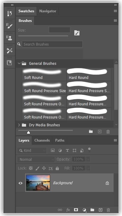 O layout do painel para o espaço de trabalho Pintura.