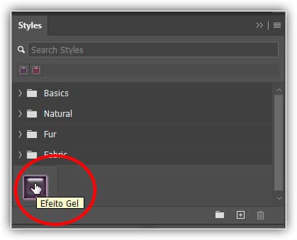 Paleta "Estilos" do Photoshop com meu estilo "Efeito Gel" salvo na parte inferior da lista de estilos predefinidos disponíveis.