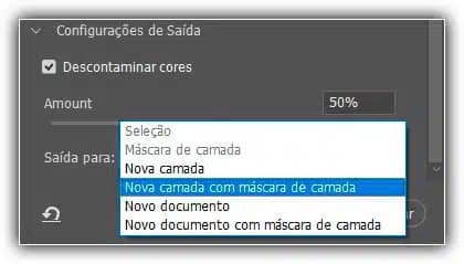 Seleção e máscara de camada não estão mais disponíveis como opções de saída.