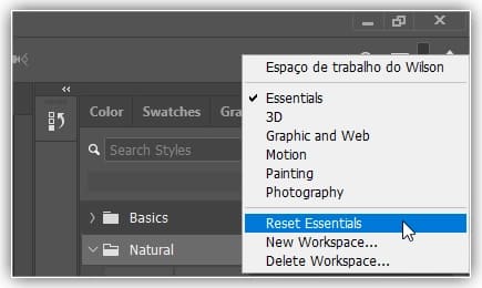 Redefinindo o espaço de trabalho do Essentials.