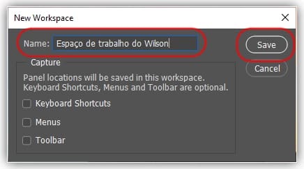 Nomeando e salvando o novo espaço de trabalho.