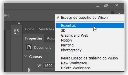 Escolha "Essentials" para retornar ao espaço de trabalho padrão.