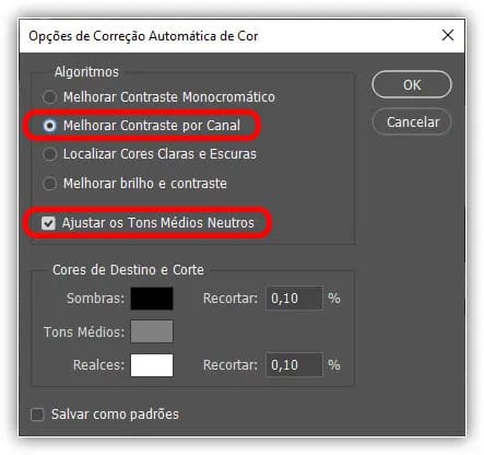 Tentando a opção Melhorar contraste por canal com Snap Neutral Midtones selecionado.