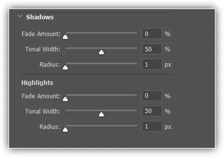 Use as opções Sombras e realces para restaurar os detalhes recortados.