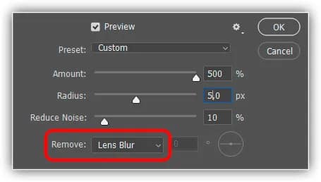 Lens Blur é a configuração que você usará para a maioria das imagens.