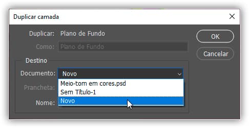 Enviando a camada duplicada para um novo documento do Photoshop.