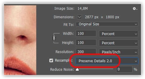 Definindo Resample como "Preservar detalhes 2.0".