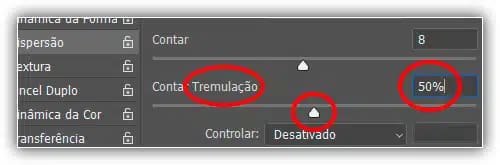 Adicione quantidades aleatórias de pontas de pincel adicionais ao longo do traço, aumentando o valor da Tremulação.