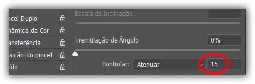 Dizer ao Photoshop para girar a ponta do pincel ao longo de 15 etapas com a opção Atenuar.