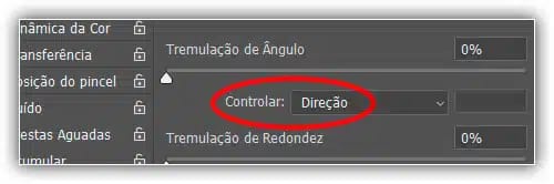 Pode estar no final da lista, mas "Direção" geralmente é a primeira opção para controlar o ângulo do pincel.