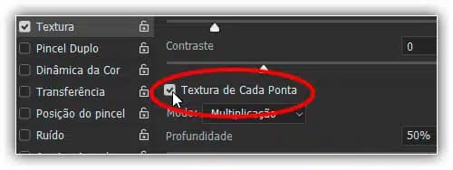 Ative a opção Textura de cada ponta para aplicar a textura a cada ponta do pincel, em vez de a toda a pincelada.