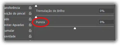 A pureza controla a saturação geral da cor do pincel e é completamente separada da opção Tremulação de Saturação.