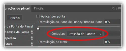 Configurando o controle Primeiro Plano/Plano de Fundo para Pressão da Caneta.