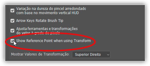 Ativando Mostrar ponto de referência ao usar Transformação.