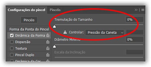 Altere a opção de controle para o tamanho do pincel para "Pressão da caneta" (se você tiver uma mesa digitalizadora).