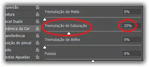 Arrastando o controle deslizante para a direita para definir o valor Tremulação de Saturação para 25%.