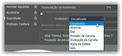 As opções para controlar o tamanho e o arredondamento do pincel são basicamente as mesmas.