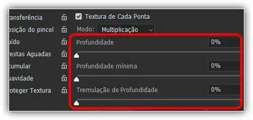 Profundidade e Tremulação de profundidade. Controle ficam disponíveis quando a Textura de cada ponta é selecionada.