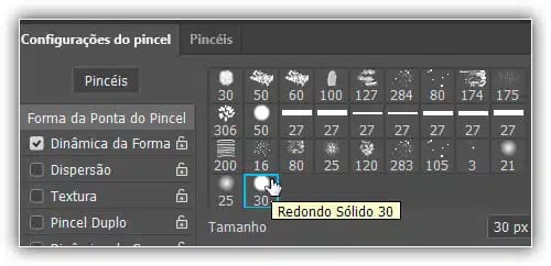 Escolhendo o pincel duro redondo de 19 pixels nas opções de formato da ponta do pincel.