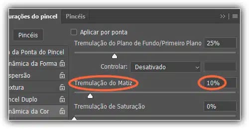 Arrastando o controle deslizante para a direita para definir o valor Tremulação do Matiz para 10%.