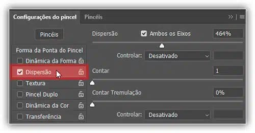 Opções de dispersão - Pincéis do Photoshop