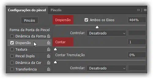 Opções de dispersão - Pincéis do Photoshop