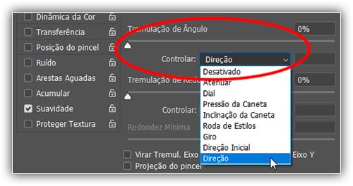 Altere a opção de controle do ângulo para "Direção".