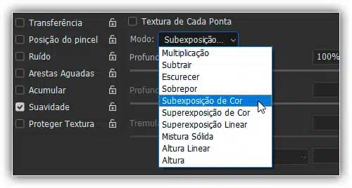 Clique na caixa suspensa Modo para ver uma lista de modos de mesclagem disponíveis.