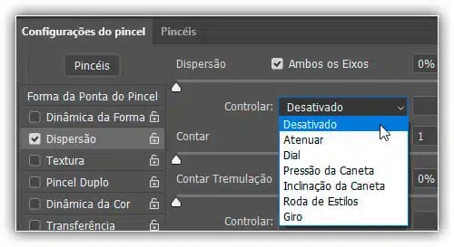 As mesmas opções que vimos com Dinâmica da Forma estão disponíveis para controlar a quantidade de dispersão.