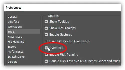 Use a caixa de seleção para ativar ou desativar o Overscroll.