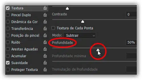 Arraste o controle deslizante Profundidade para a esquerda ou para a direita para controlar a visibilidade da textura dentro do pincel.