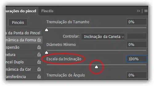 A opção Escala de inclinação fica esmaecida e indisponível quando a inclinação da caneta não está selecionada.