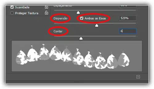 Use Dispersão para espalhar o segundo pincel dentro da forma do pincel inicial. Contar adiciona cópias adicionais do segundo pincel.