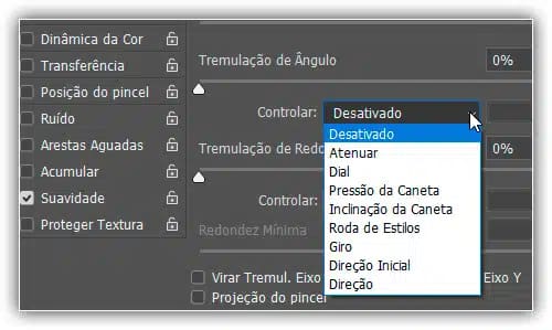 Muitas das seções Pincel Dinâmico compartilham as mesmas opções de controle, como Atenuar, Pressão da Caneta, etc.