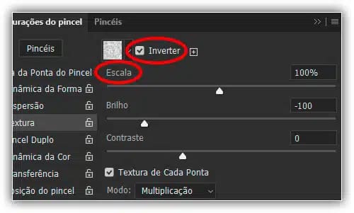 Use Inverter se precisar trocar os valores de brilho de sua textura. Use o controle deslizante Escala para alterar o tamanho da textura dentro do pincel.