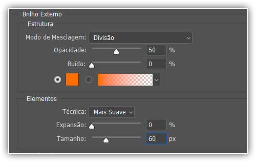 As opções de brilho externo.