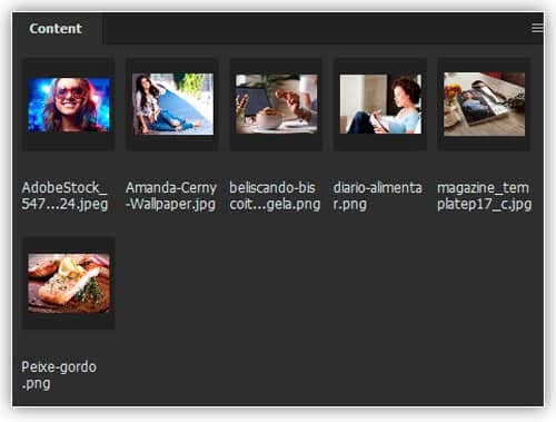 O painel Conteúdo exibe miniaturas de suas imagens.
