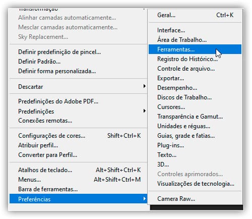 Abrindo as preferências de Ferramentas.
