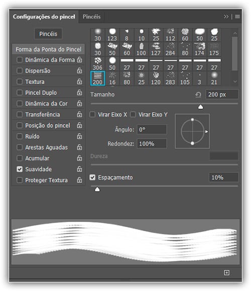 O painel Pincéis principal no Photoshop definido para a opção Predefinições de pincel.