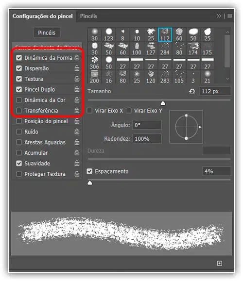 Cada predefinição de pincel inclui uma ponta de pincel e opções de pincel dinâmicas predefinidas.
