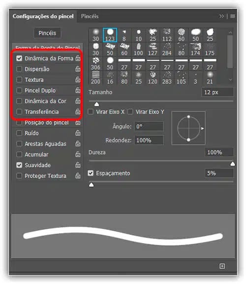 Alguns pincéis predefinidos incluem controles de pincel mais dinâmicos do que outros.