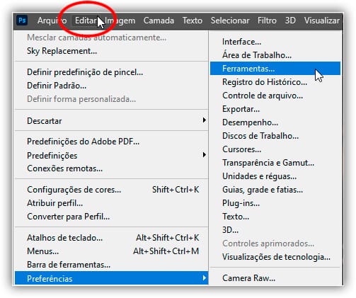 Abrindo as Preferências de Ferramentas.