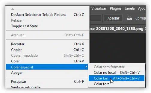 Selecionando "Colar em" no menu "Editar".