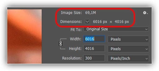 O tamanho da imagem atual, tanto em megabytes quanto em pixels.