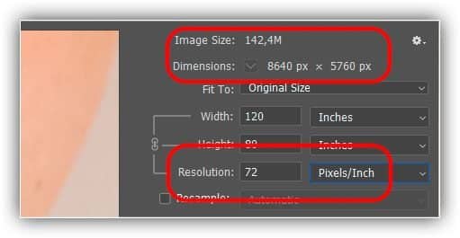 A redução da resolução não alterou o tamanho do arquivo ou as dimensões em pixels.