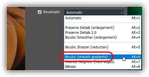 Escolha Bicubic (gradientes suaves) para obter os resultados mais limpos.